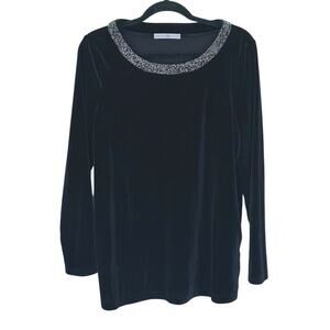 Signature Collection Womens Velour Rhinestone Collar Blouse Medium Black Glam